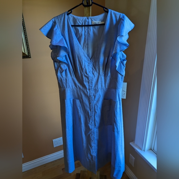 Eliza J Button. Up Soft Denim Midi Dress Women's Butterfly Sleeve - Picture 8 of 13